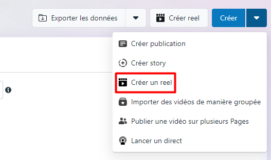 Screenshot Meta Business Suite, menu déroulant en haut à droite de la page à côté du bouton créer - programmer publication Instagram