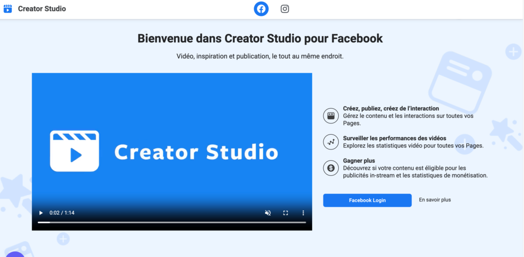 Screenshot de la page d’accueil et de login de Creator Studio.